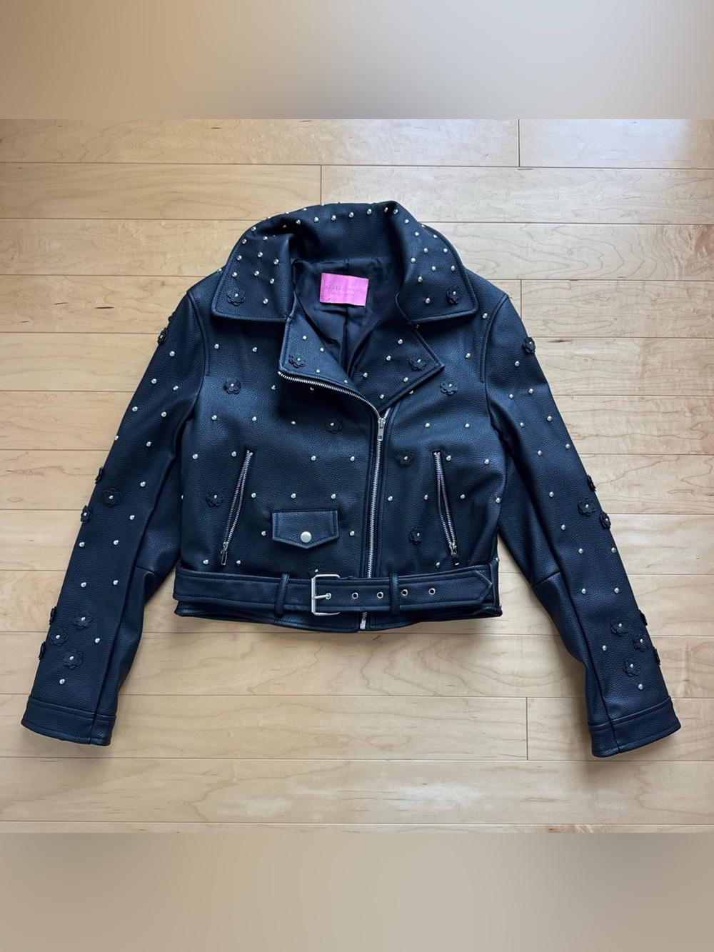Azalea Wang Black Studded Floral Vegan Leather Moto Jacket Size M  EUC